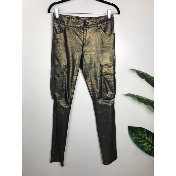 Alice & Olivia Metallic Gold Cargo Slim Jean Pants Women 0 / 25 Holiday NYE - Picture 2 of 11